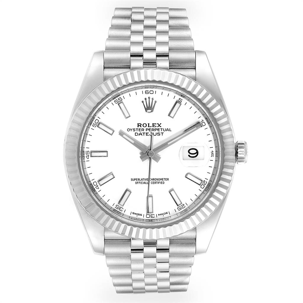 The image shows a front view of the Rolex Datejust 41 126334 Men's Stainless Steel White Dial 126334 Men's Stainless Steel White Dial watch, featuring the dial, bezel, crown, and bracelet.