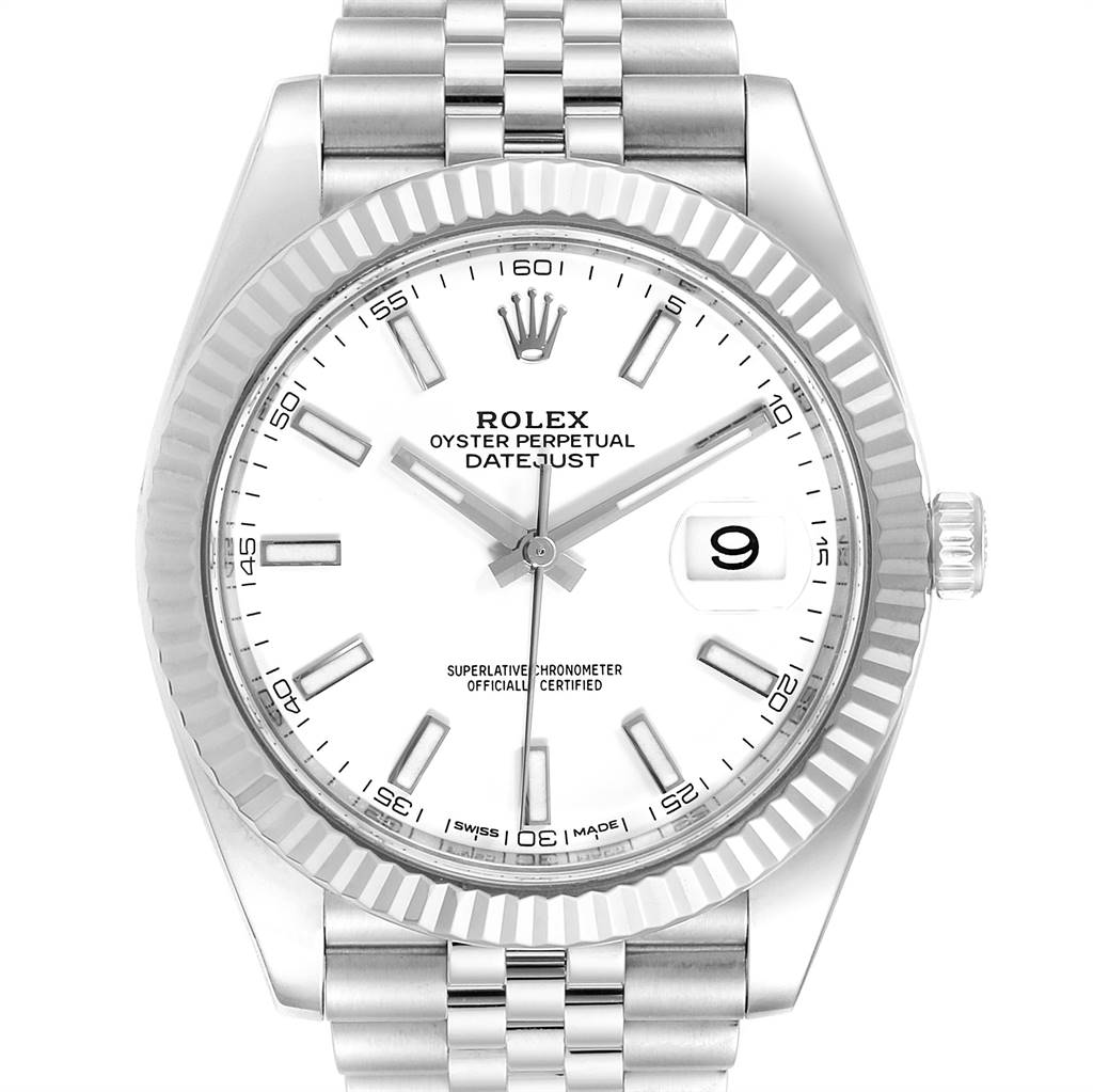 The image displays a front view of the Rolex Datejust 41 126334 Men's Stainless Steel White Dial 126334 Men's Stainless Steel White Dial watch, highlighting its face, bezel, and bracelet.
