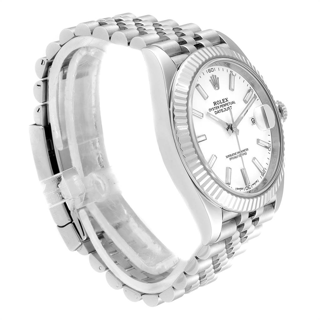 The Rolex Datejust 41 126334 Men's Stainless Steel White Dial 126334 Men's Stainless Steel White Dial watch is shown from a side angle, highlighting the face, bezel, and bracelet.