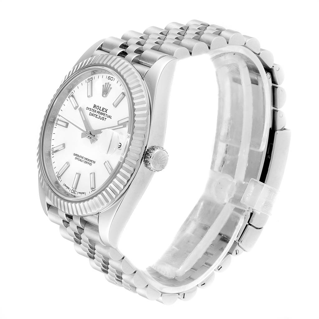This image shows the Rolex Datejust 41 126334 Men's Stainless Steel White Dial 126334 Men's Stainless Steel White Dial watch from a side angle, highlighting the case, crown, bezel, dial, and bracelet.