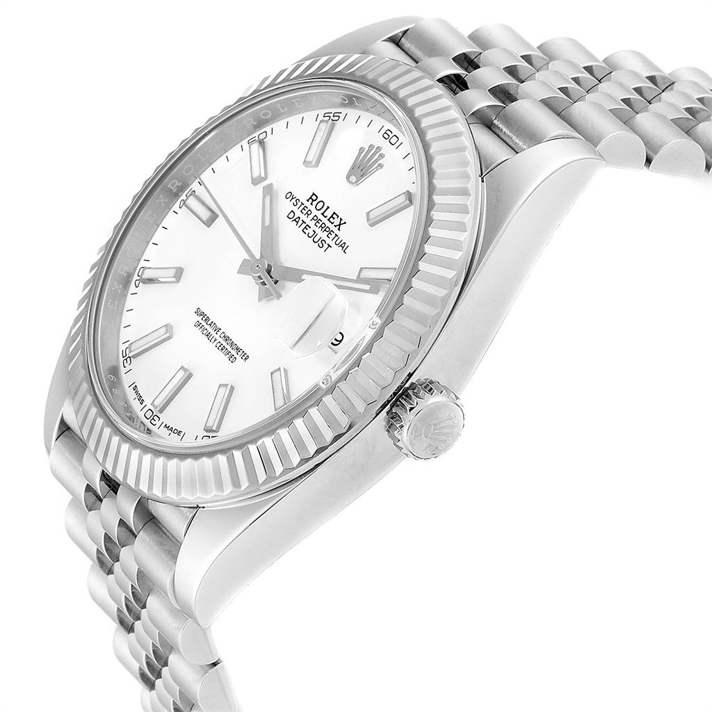 The image shows a Rolex Datejust 41 126334 Men's Stainless Steel White Dial 126334 Men's Stainless Steel White Dial model watch from a side angle, displaying the dial, bezel, crown, and part of the bracelet.