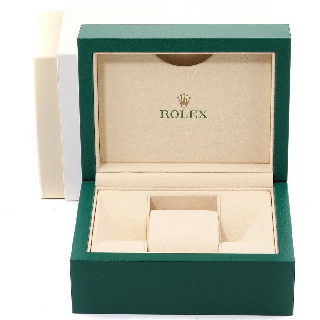 This image shows an open Rolex watch box for the Datejust 41 model, featuring a green exterior and beige interior.