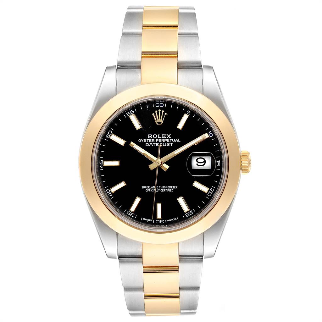 This image shows a frontal view of the Rolex Datejust 41 126303 Men's Steel and Gold (two tone) Black Dial 126303 Men's Steel and Gold (two tone) Black Dial watch, displaying its black dial, gold bezel, and two-tone bracelet.
