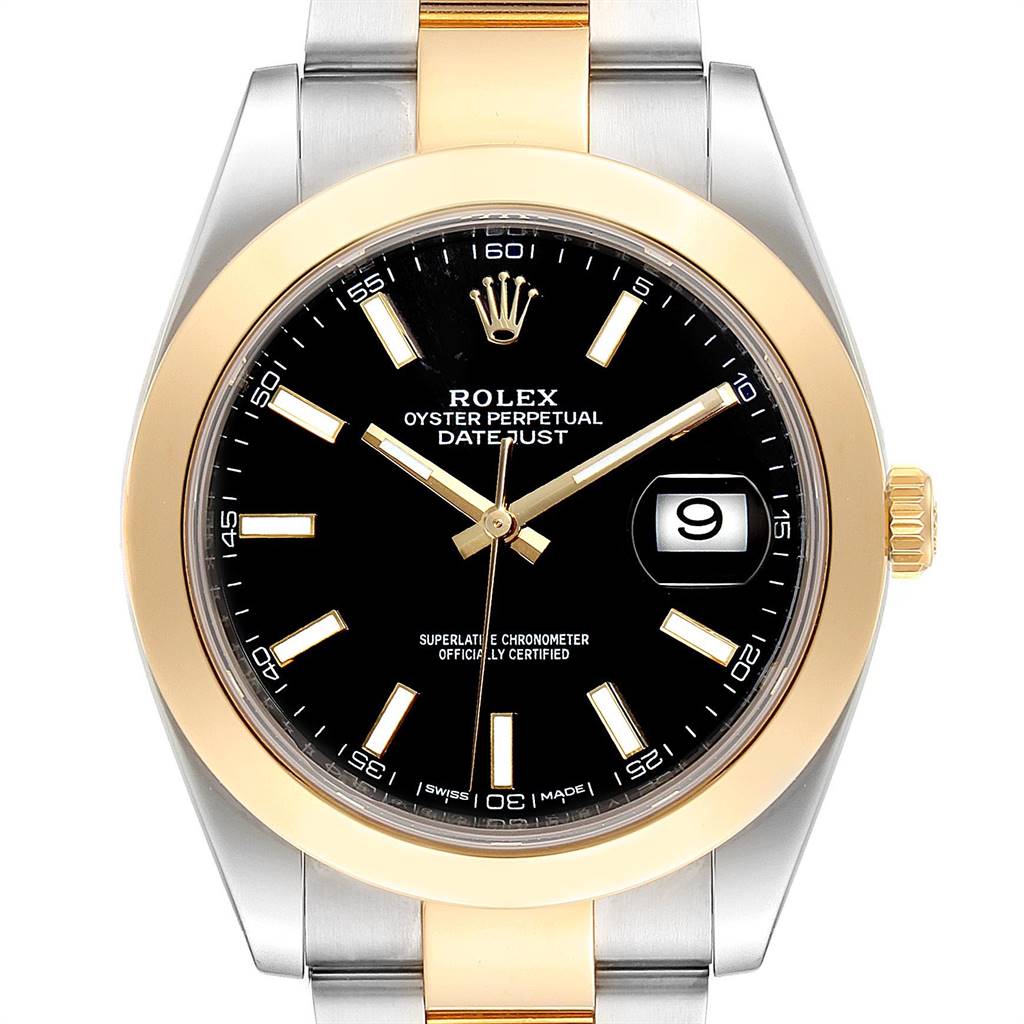 This image shows a front view of the Rolex Datejust 41 126303 Men's Steel and Gold (two tone) Black Dial 126303 Men's Steel and Gold (two tone) Black Dial, highlighting its dial, bezel, crown, and part of the bracelet.