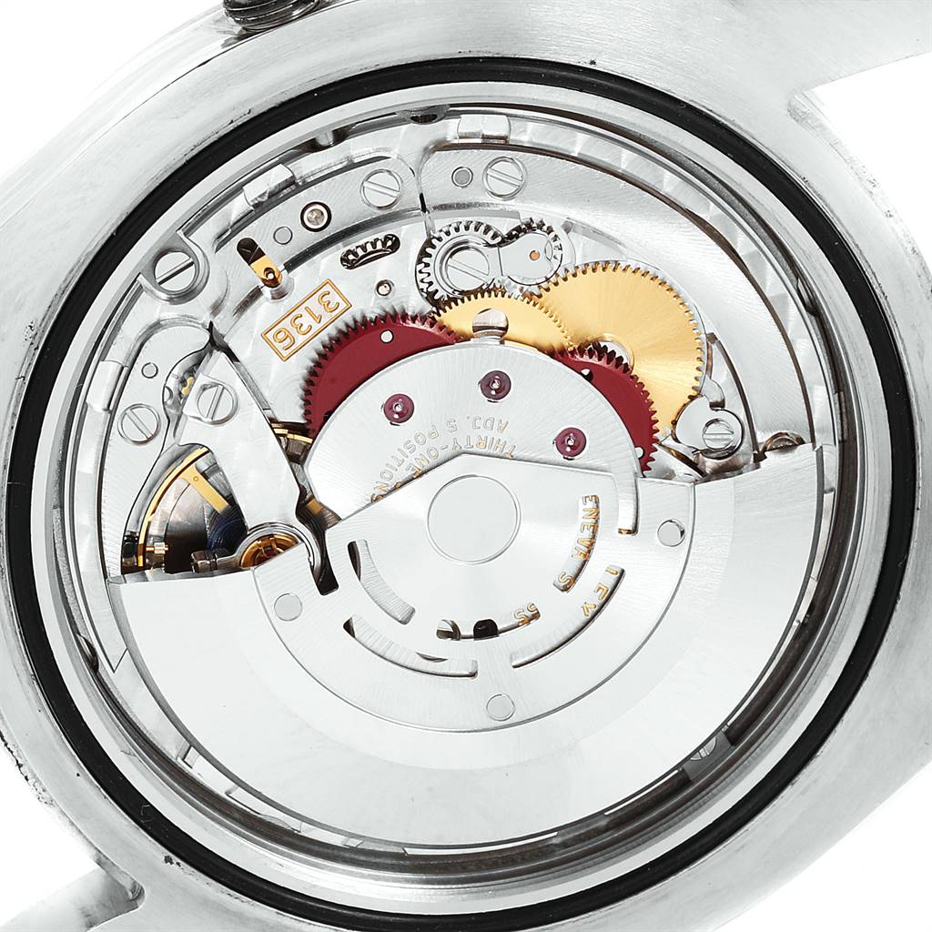 This image shows the internal movement mechanism of the Rolex Datejust 41 116334 Men's Stainless Steel Silver Dial 116334 Men's Stainless Steel Silver Dial watch from a rear angle.