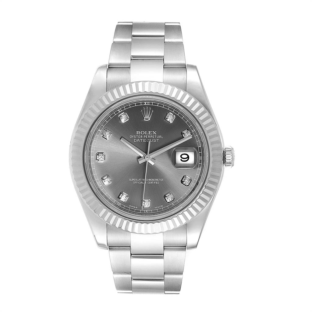 The image shows a front view of the Rolex Datejust 41 116334 Men's Stainless Steel Silver Dial 116334 Men's Stainless Steel Silver Dial, highlighting its dial, bezel, and bracelet.