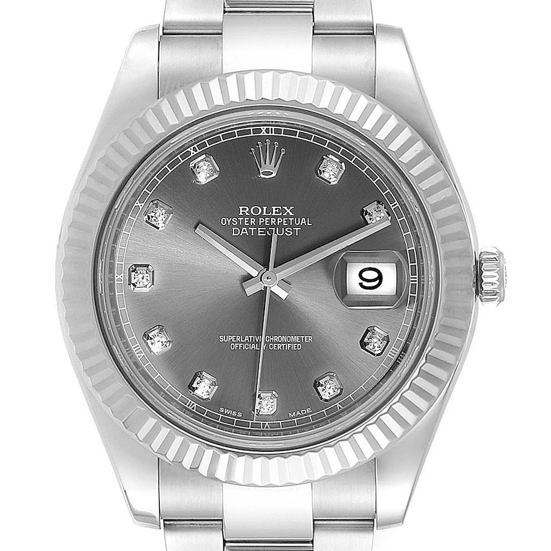 Rolex Datejust II 41mm Steel White Gold Diamond Dial Mens Watch 116334 SwissWatchExpo
