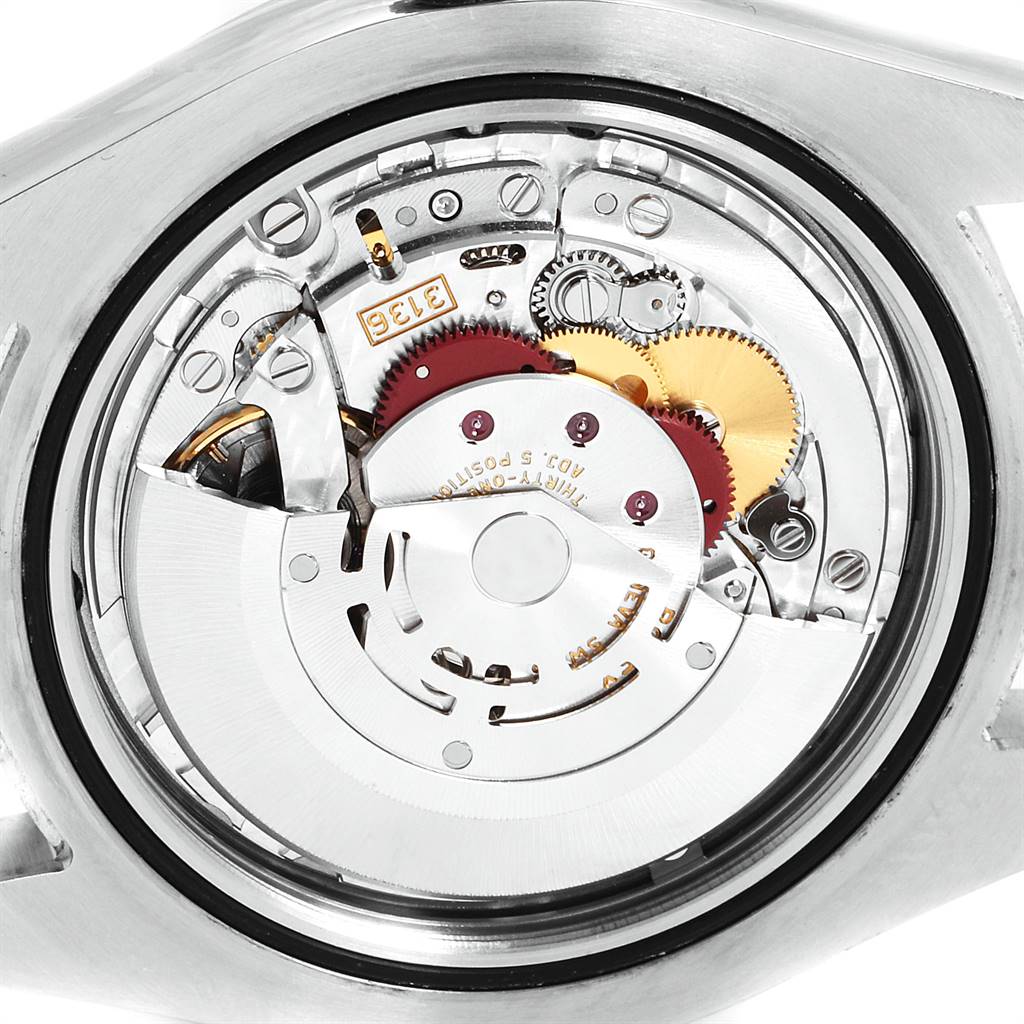 This image shows the detailed internal mechanism of a Rolex Datejust 41 116334 Men's Stainless Steel Blue Dial 116334 Men's Stainless Steel Blue Dial watch from a rear view angle.