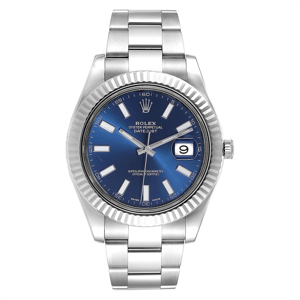 The image shows a front view of the Rolex Datejust 41 116334 Men's Stainless Steel Blue Dial 116334 Men's Stainless Steel Blue Dial watch featuring its blue dial, silver bracelet, and date display.