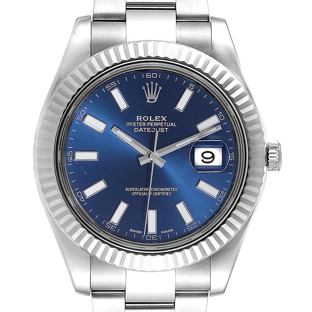 The image shows the face and part of the bracelet of a Rolex Datejust 41 116334 Men's Stainless Steel Blue Dial 116334 Men's Stainless Steel Blue Dial watch, viewed from the front.