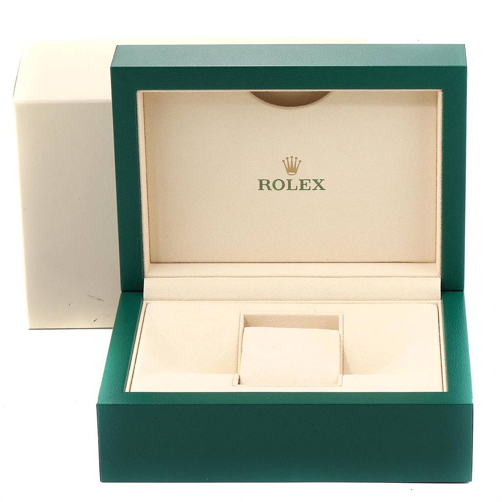 This image shows an open green and beige Rolex box designed for the Datejust 41 model.