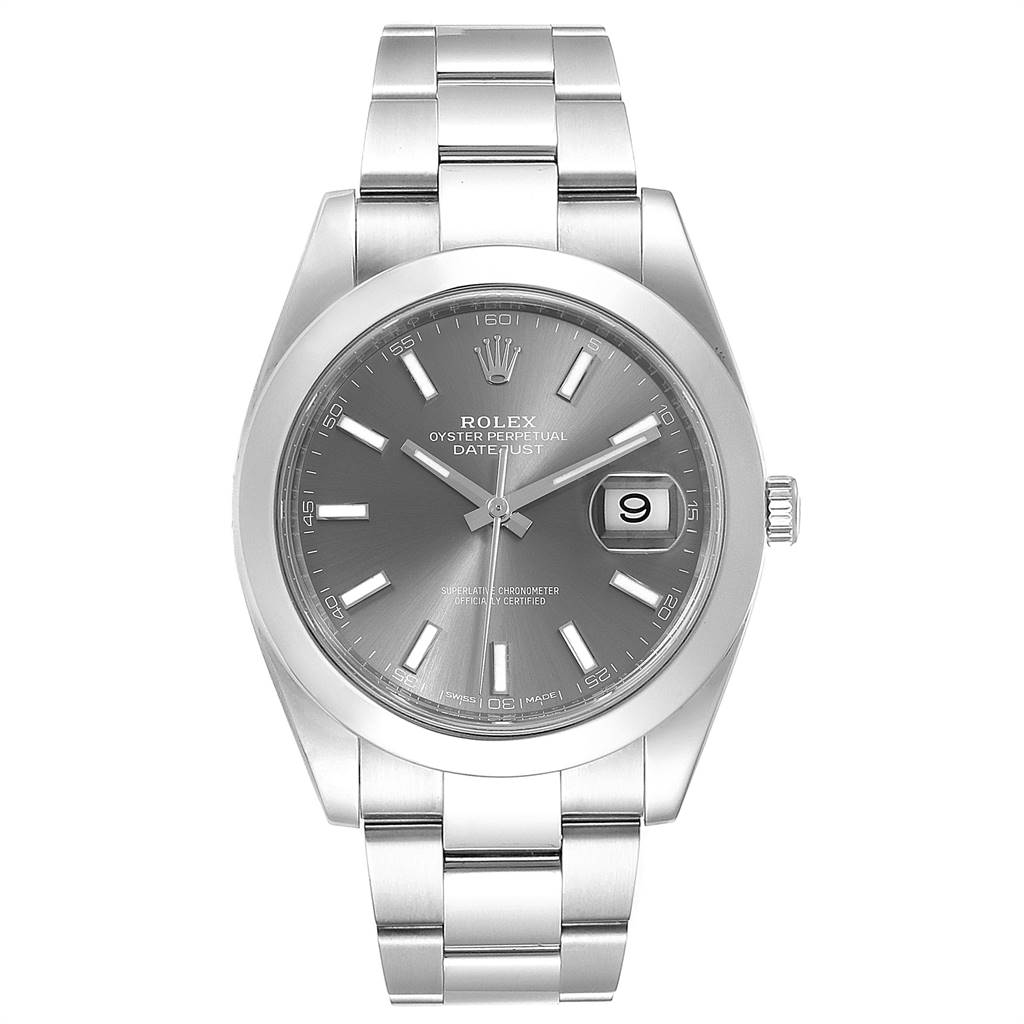 This image shows a frontal view of the Rolex Datejust 41 126300 Men's Stainless Steel Grey Dial 126300 Men's Stainless Steel Grey Dial watch, displaying its face, bezel, and metal bracelet.