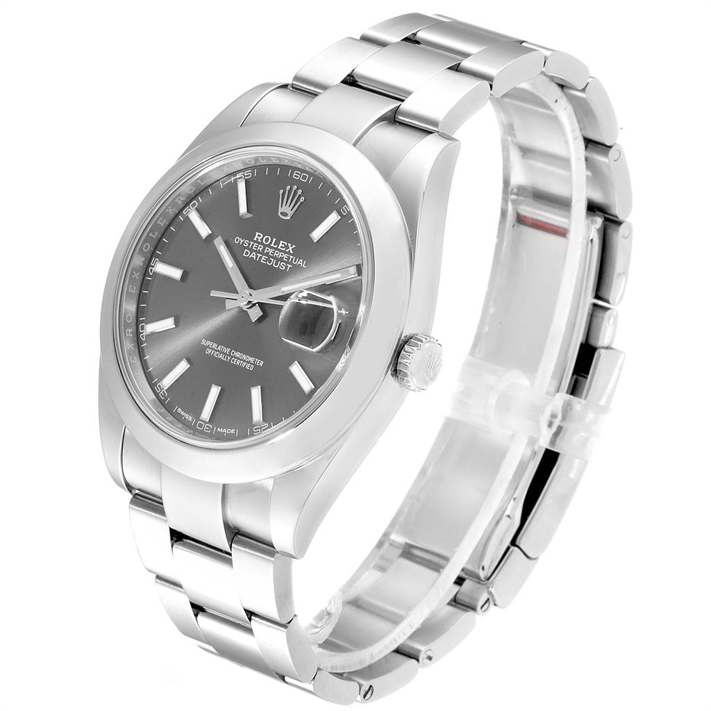 The image shows a Rolex Datejust 41 126300 Men's Stainless Steel Grey Dial 126300 Men's Stainless Steel Grey Dial watch from an angled side view, highlighting the face, bezel, and bracelet.