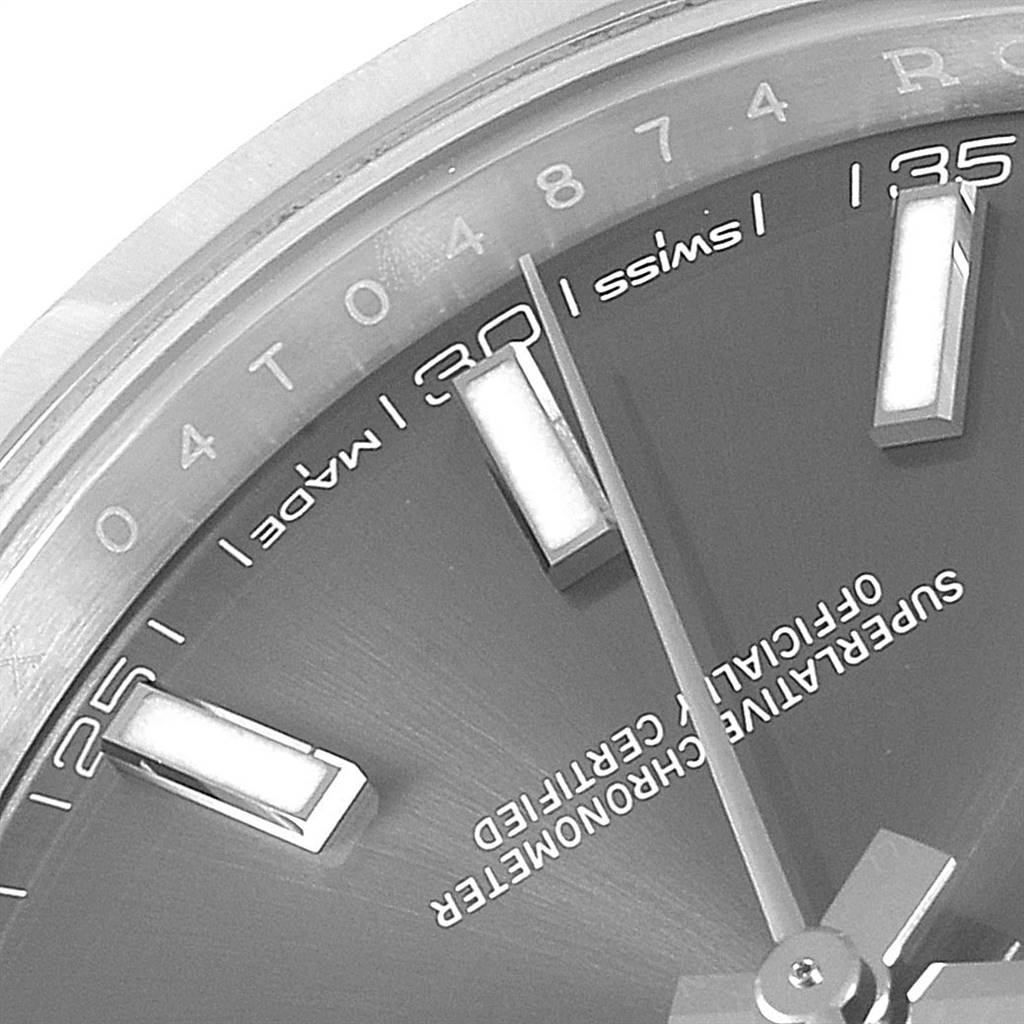 This image shows a close-up of the dial, indexes, and minute hand of a Rolex Datejust 41 126300 Men's Stainless Steel Grey Dial 126300 Men's Stainless Steel Grey Dial watch.