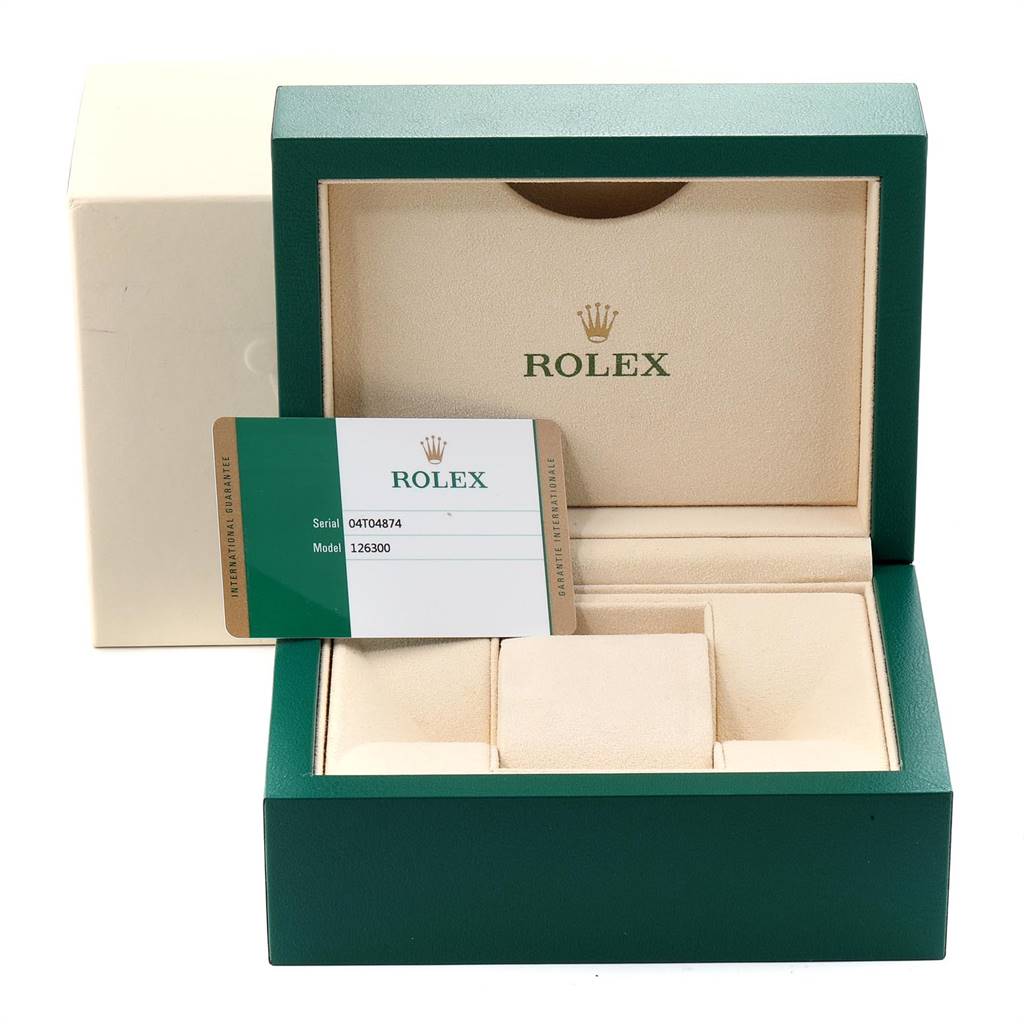 The image shows the box, warranty card, and packaging for the Rolex Datejust 41 126300 Men's Stainless Steel Grey Dial 126300 Men's Stainless Steel Grey Dial model, with the open box angled slightly forward.