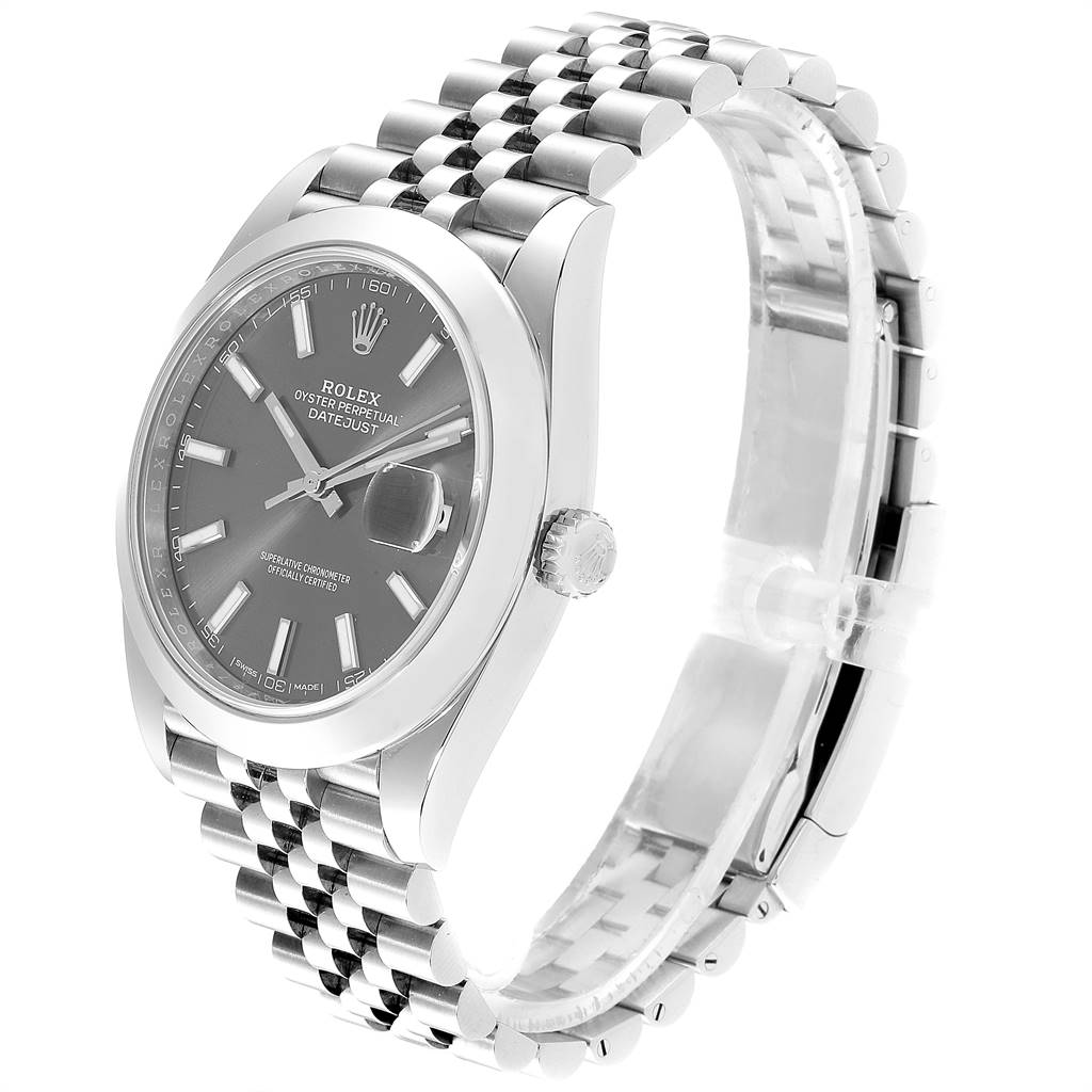 The image shows a side angle of the Rolex Datejust 41 126300 Men's Stainless Steel Grey Dial 126300 Men's Stainless Steel Grey Dial, highlighting its face, bezel, crown, and Jubilee bracelet.