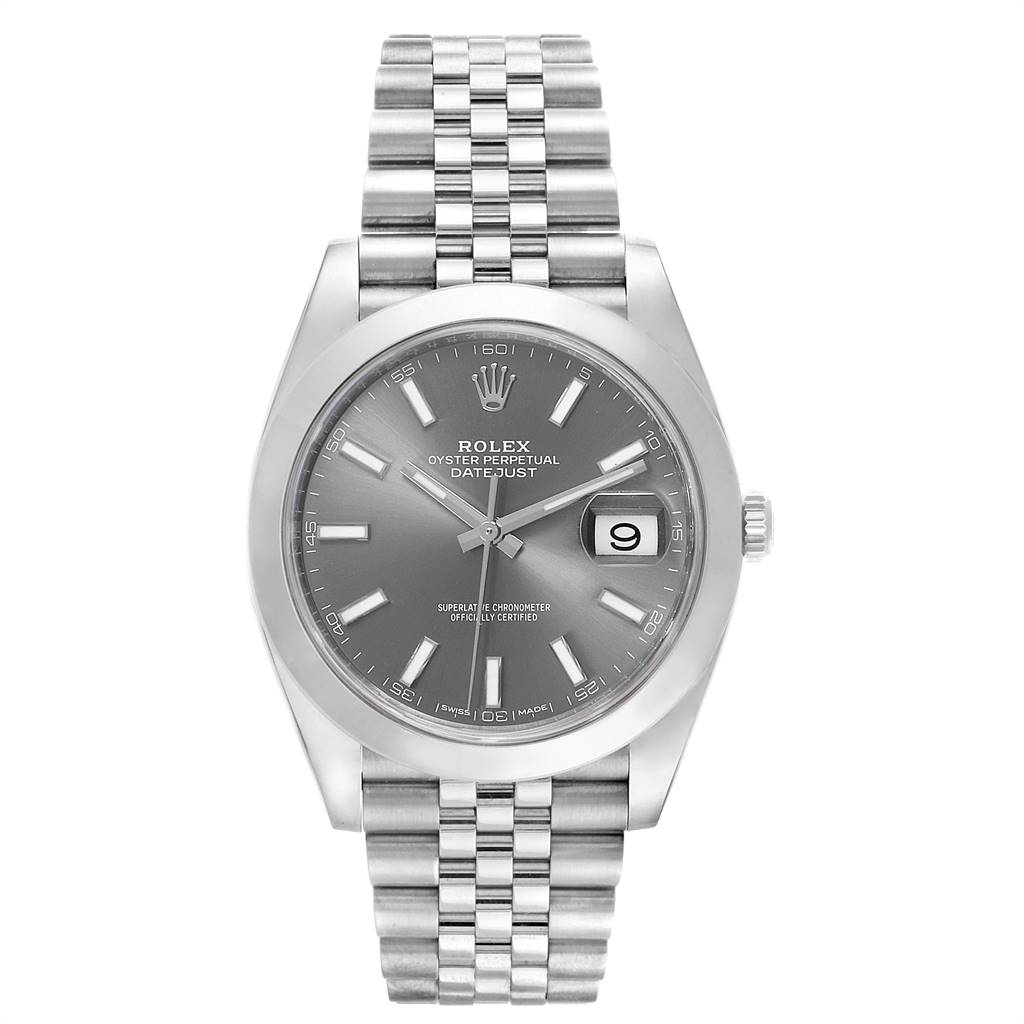 This image shows a front view of the Rolex Datejust 41 126300 Men's Stainless Steel Grey Dial 126300 Men's Stainless Steel Grey Dial watch, displaying the face, bezel, and bracelet.