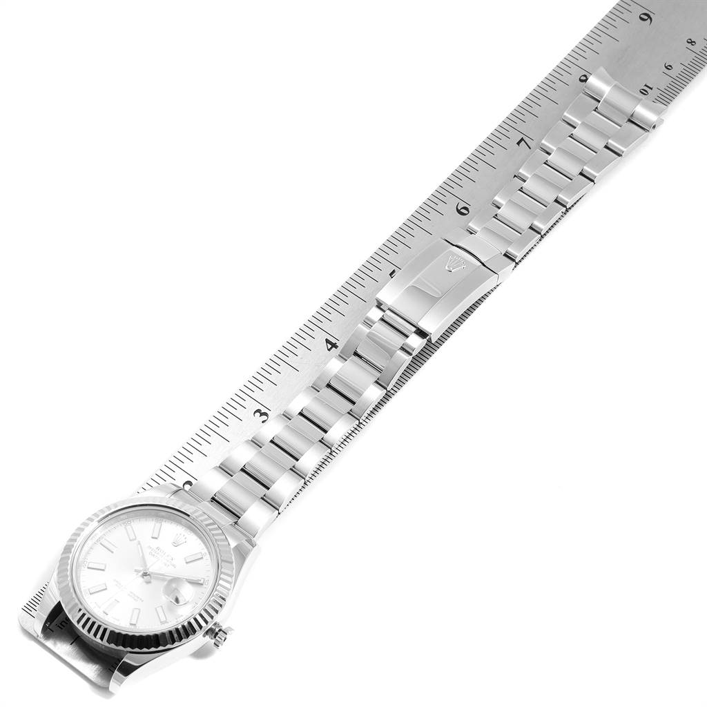 This image shows the Rolex Datejust 41 116334 Men's Stainless Steel Silver Dial 116334 Men's Stainless Steel Silver Dial watch, featuring the face, bezel, and metal bracelet taken from a top-down angle.