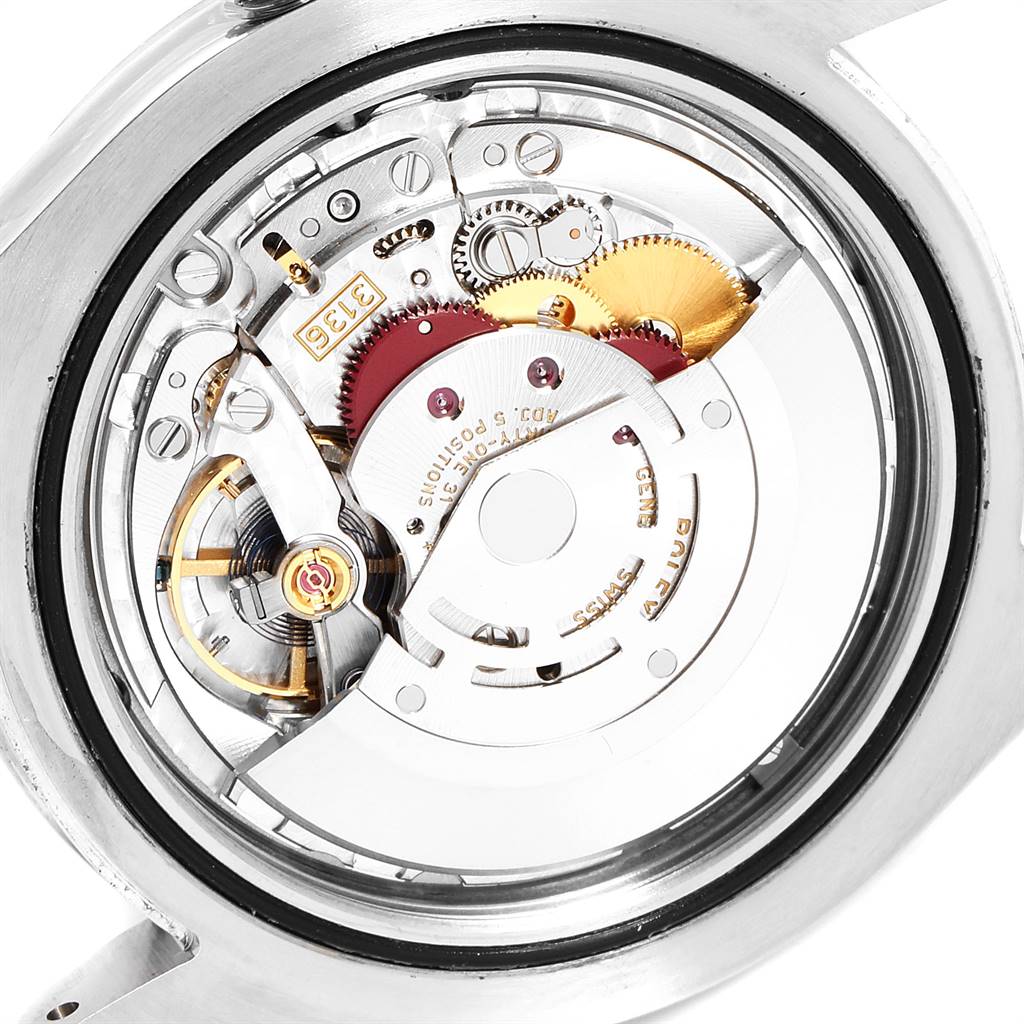 This image shows the back view of a Rolex Datejust 41 116334 Men's Stainless Steel Silver Dial 116334 Men's Stainless Steel Silver Dial watch, focusing on its intricate internal movement and mechanisms.