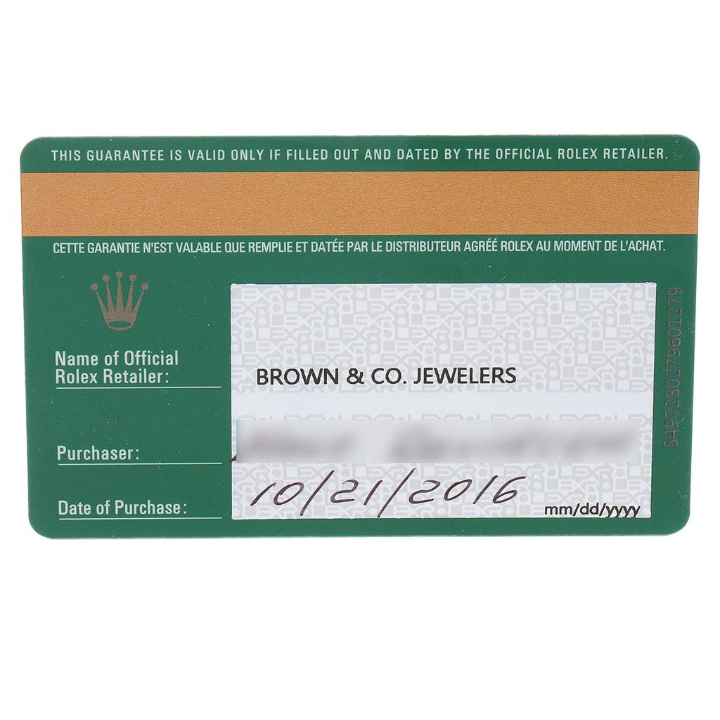 This image shows a warranty card for a Datejust 41 model by Rolex, including the retailer's name and date of purchase.
