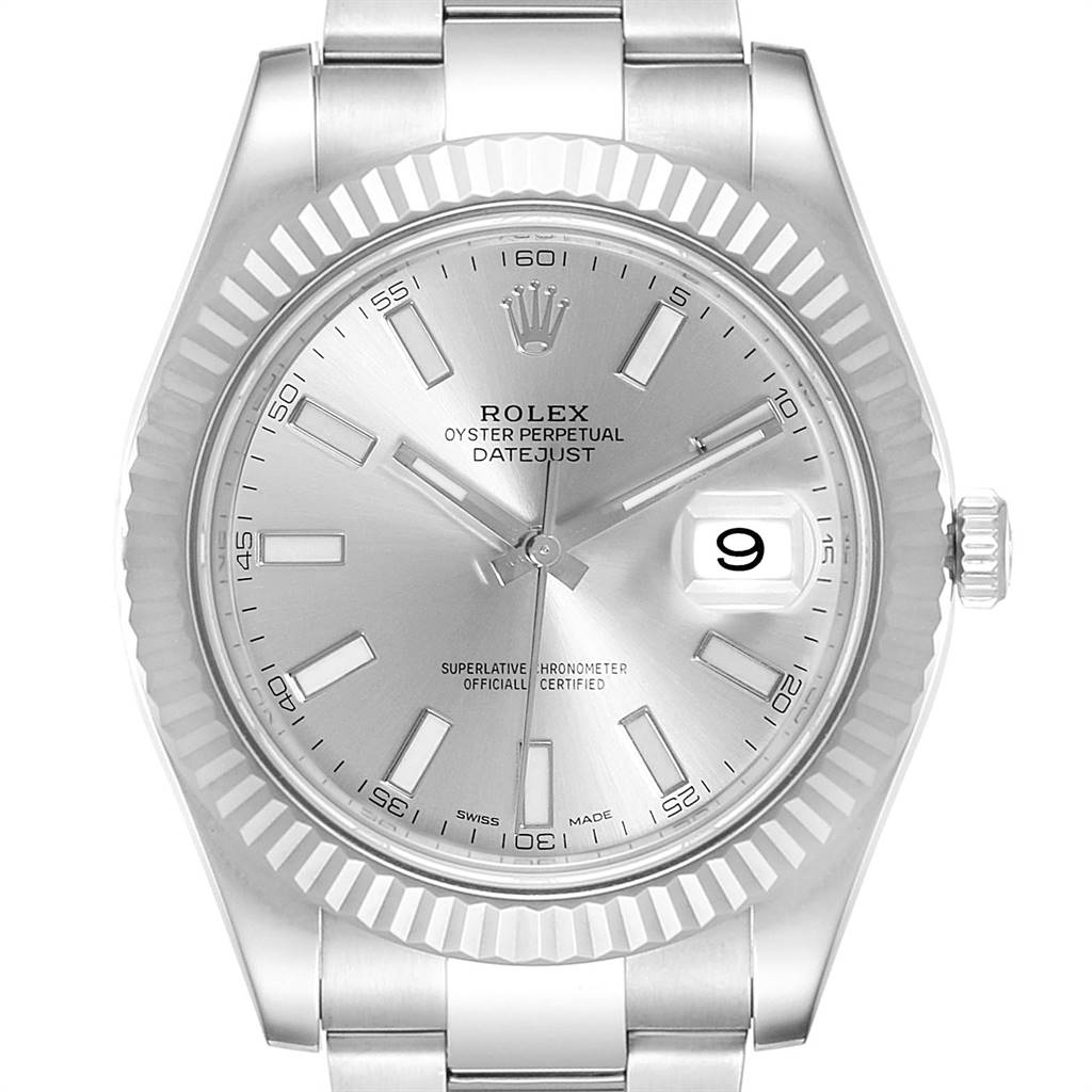 The image shows a frontal view of the Rolex Datejust 41 116334 Men's Stainless Steel Silver Dial 116334 Men's Stainless Steel Silver Dial watch, displaying the dial, hour markers, hands, and date window.