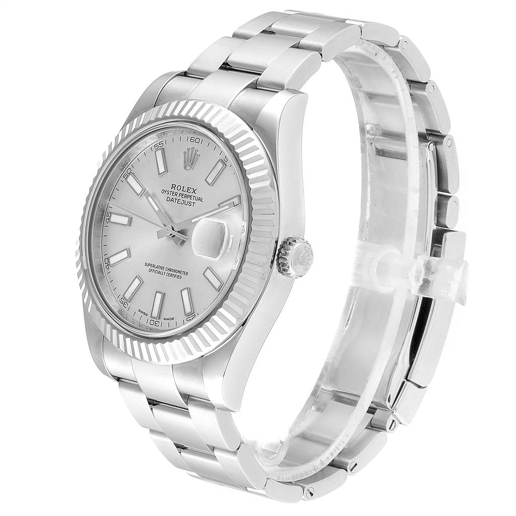 The image shows a Rolex Datejust 41 116334 Men's Stainless Steel Silver Dial 116334 Men's Stainless Steel Silver Dial watch angled from the front-right, highlighting the face, bezel, crown, and bracelet.