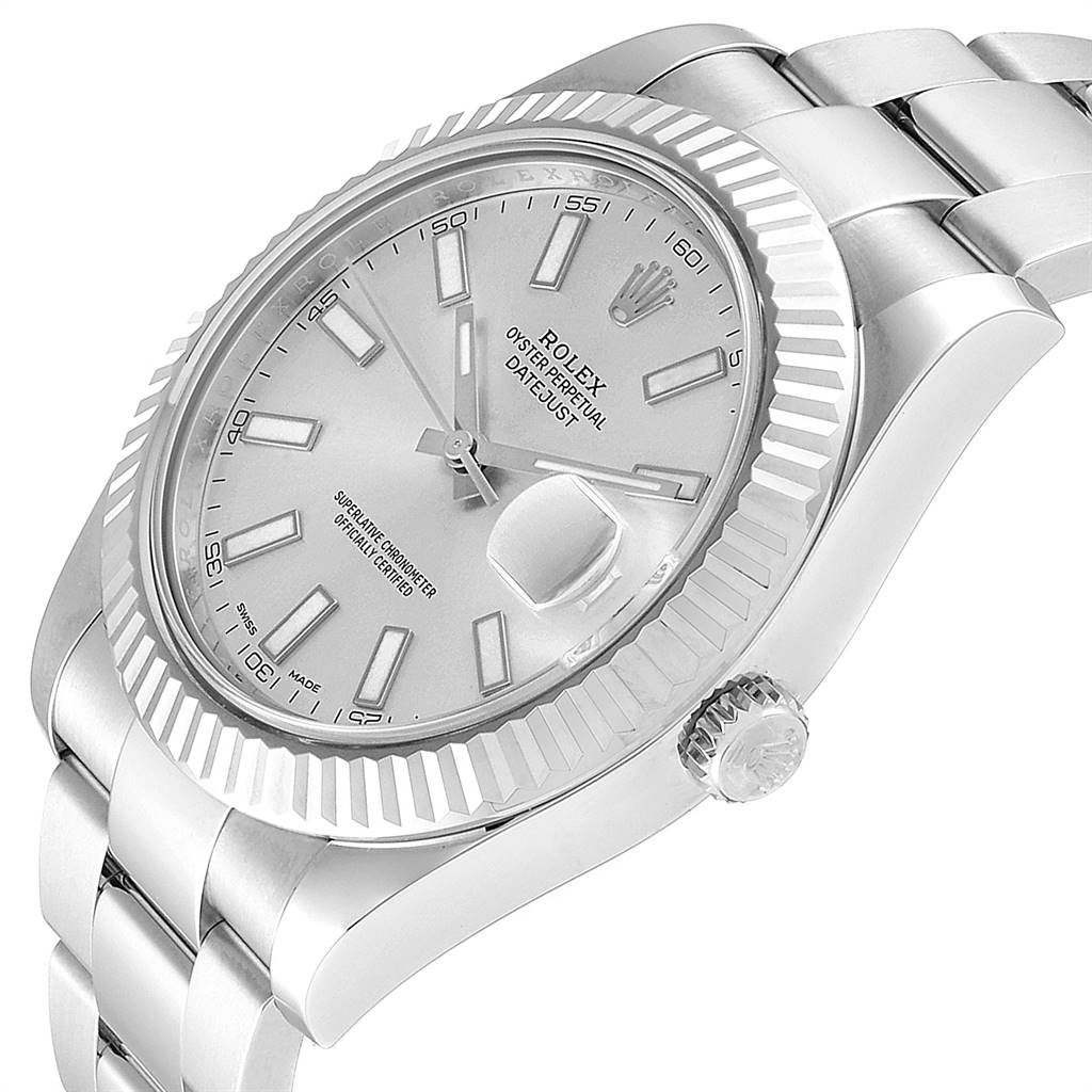 The image shows a close-up angled view of the Rolex Datejust 41 116334 Men's Stainless Steel Silver Dial 116334 Men's Stainless Steel Silver Dial watch, highlighting its face, bezel, and bracelet.