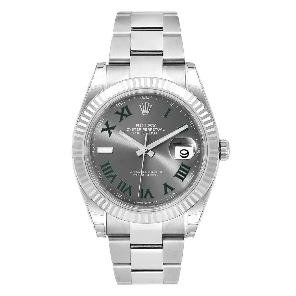 This is a front view of the Rolex Datejust 41 126300 Men's Stainless Steel Grey Dial 126300 Men's Stainless Steel Grey Dial watch, showcasing its dial, bezel, and bracelet.