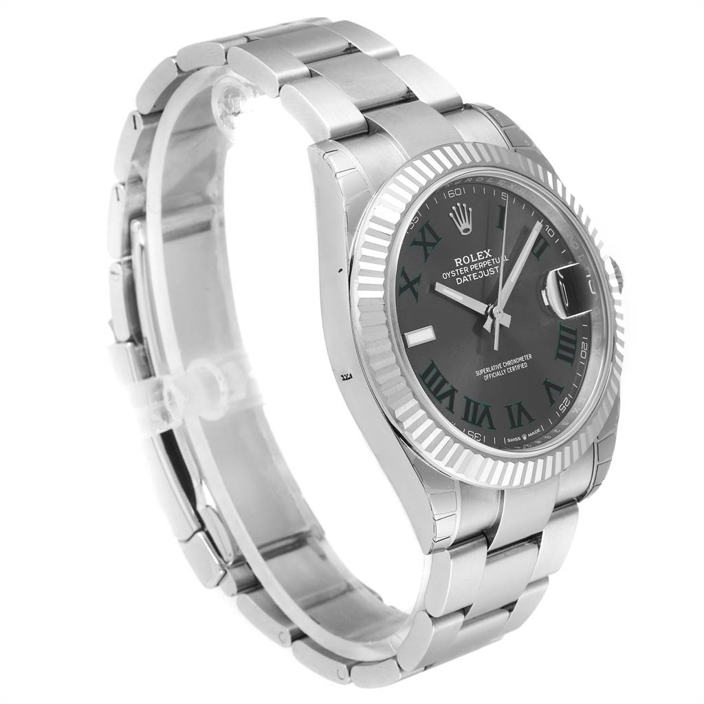 The image shows a Rolex Datejust 41 126300 Men's Stainless Steel Grey Dial 126300 Men's Stainless Steel Grey Dial model watch from a front-left angle, highlighting the bracelet and face.