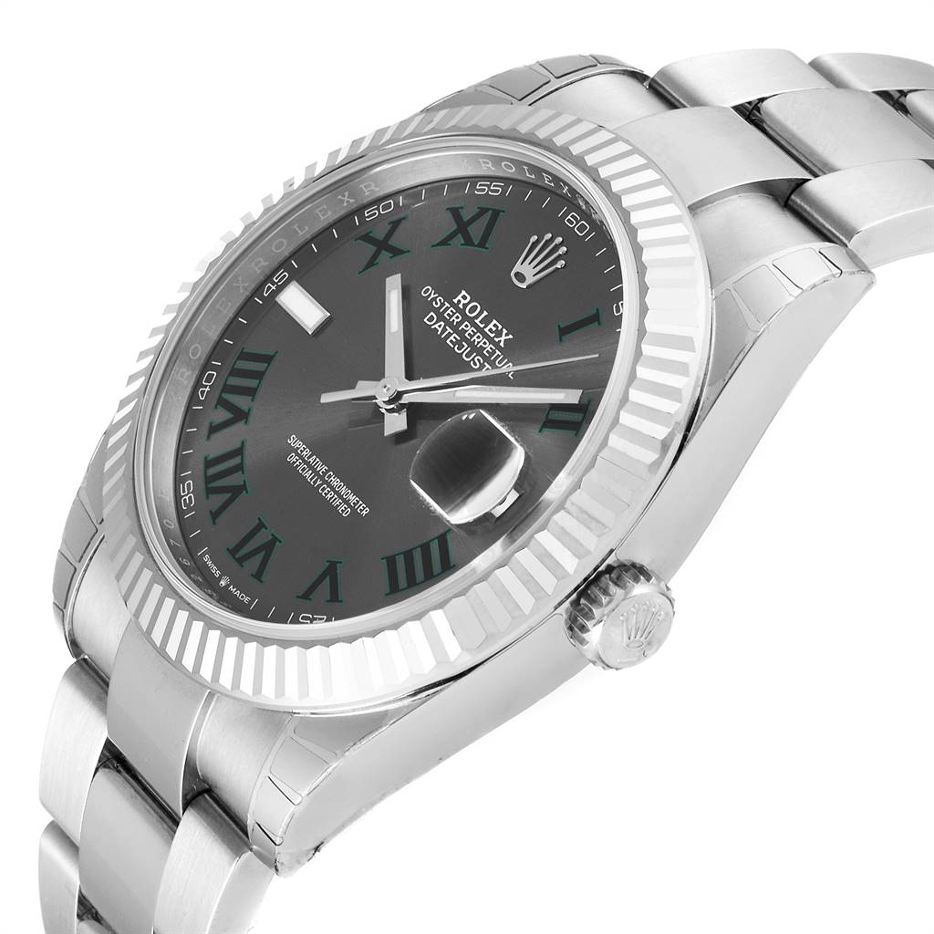 The Rolex Datejust 41 126300 Men's Stainless Steel Grey Dial 126300 Men's Stainless Steel Grey Dial watch is shown at an angled view, highlighting its dial, fluted bezel, and Oyster bracelet.