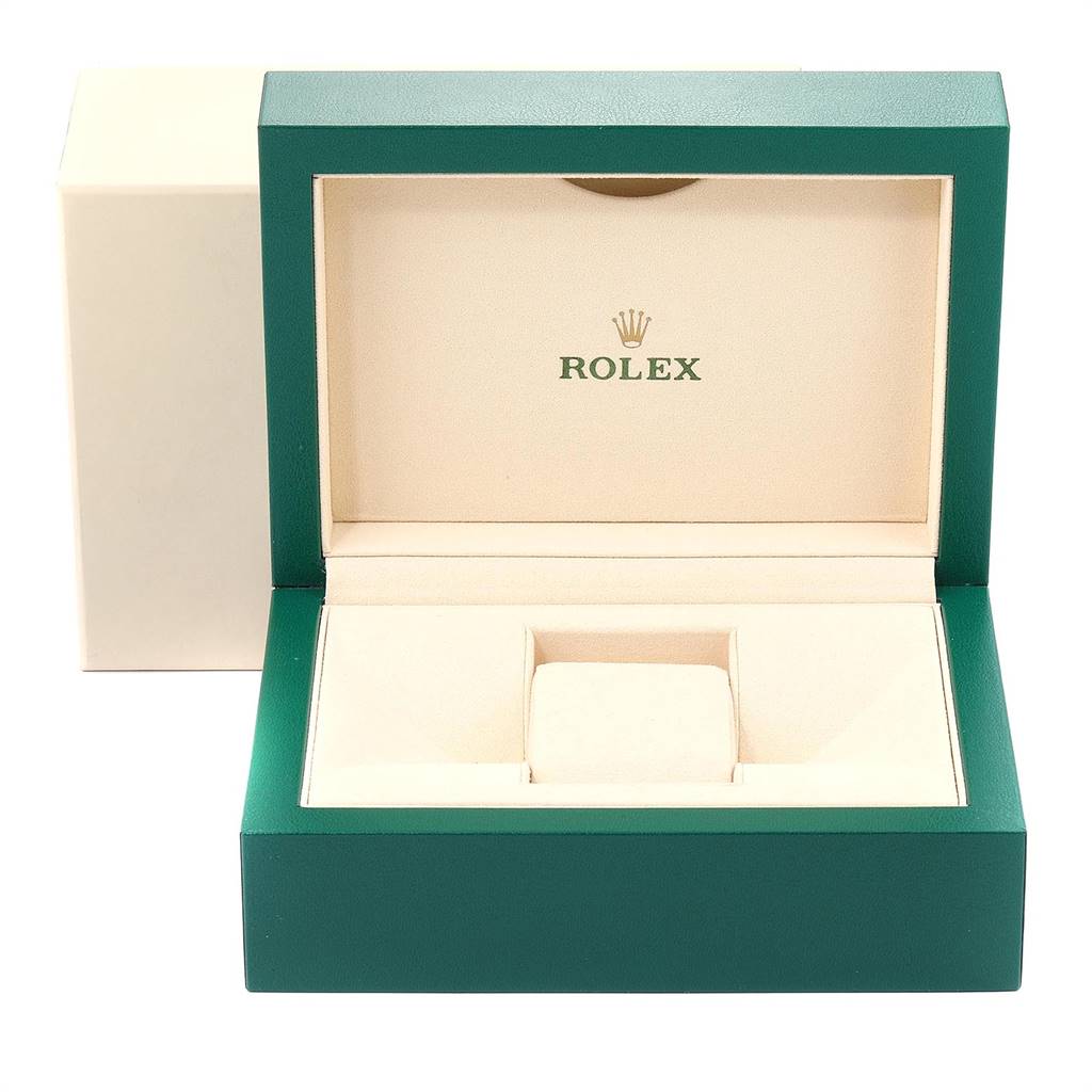 This image shows the open case for a Rolex Datejust 41 116334 Men
s Stainless Steel Blue Dial 116334 Men
s Stainless Steel Blue Dial watch, featuring the brand logo inside the lid.