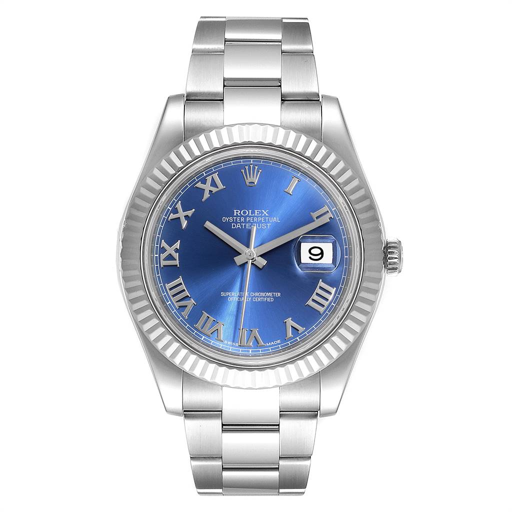 This image shows the front view of a Rolex Datejust 41 116334 Men
s Stainless Steel Blue Dial 116334 Men
s Stainless Steel Blue Dial watch, displaying its face, bezel, and stainless steel bracelet.