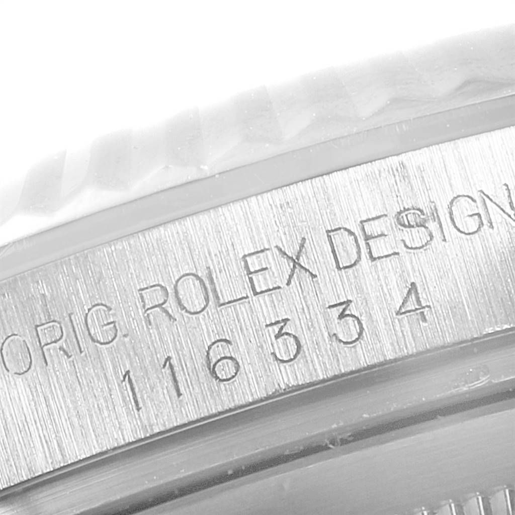 The image shows a close-up of the case side with engravings on a Rolex Datejust 41 116334 Men's Stainless Steel Blue Dial 116334 Men's Stainless Steel Blue Dial model.