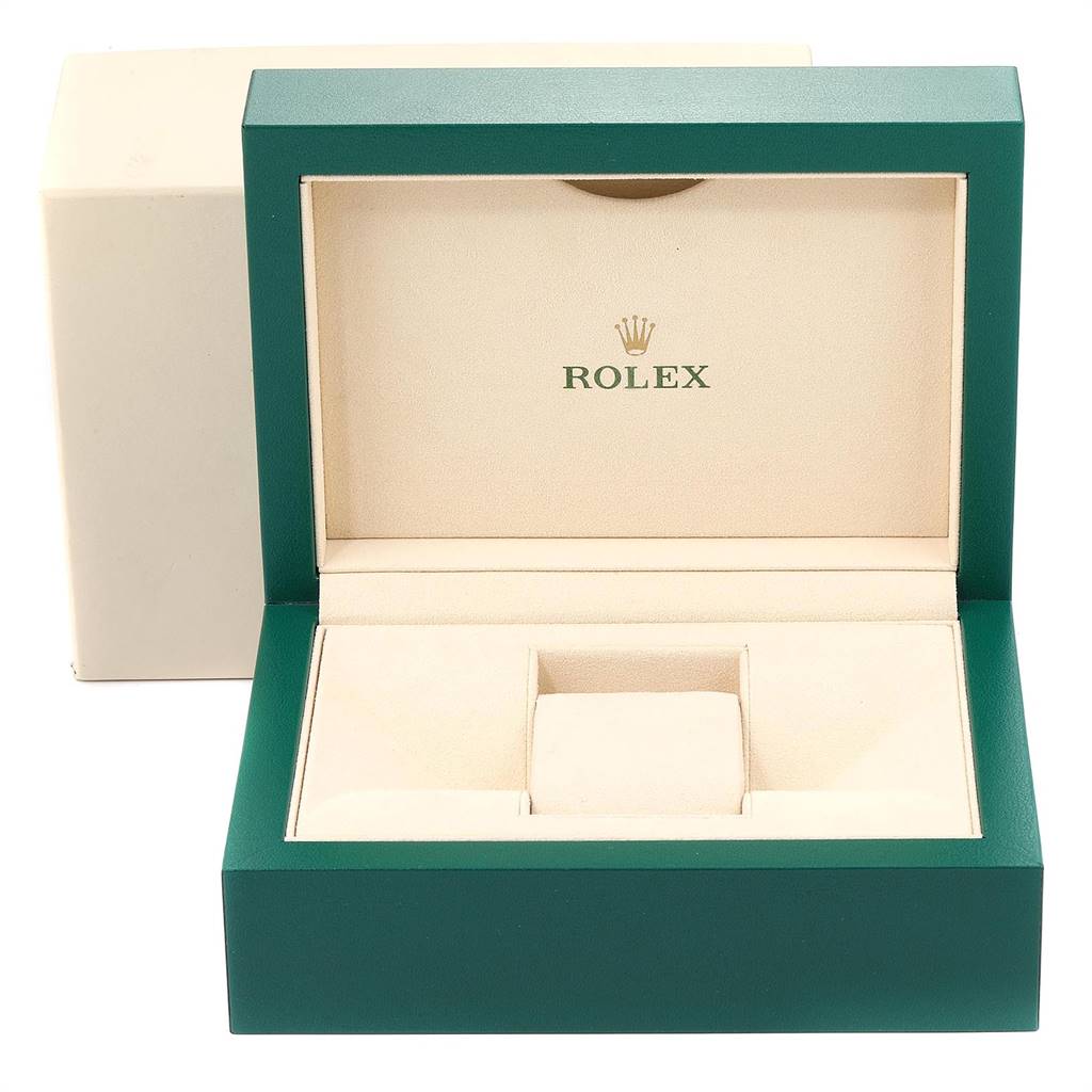 The image shows an open green and beige watch box for the Rolex Datejust 41 116334 Men's Stainless Steel Blue Dial 116334 Men's Stainless Steel Blue Dial model.