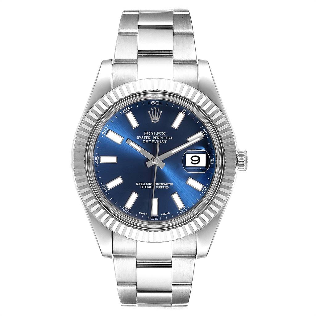 This is a front view of the Rolex Datejust 41 116334 Men's Stainless Steel Blue Dial 116334 Men's Stainless Steel Blue Dial model, showing the blue dial, date window, and stainless steel bracelet.