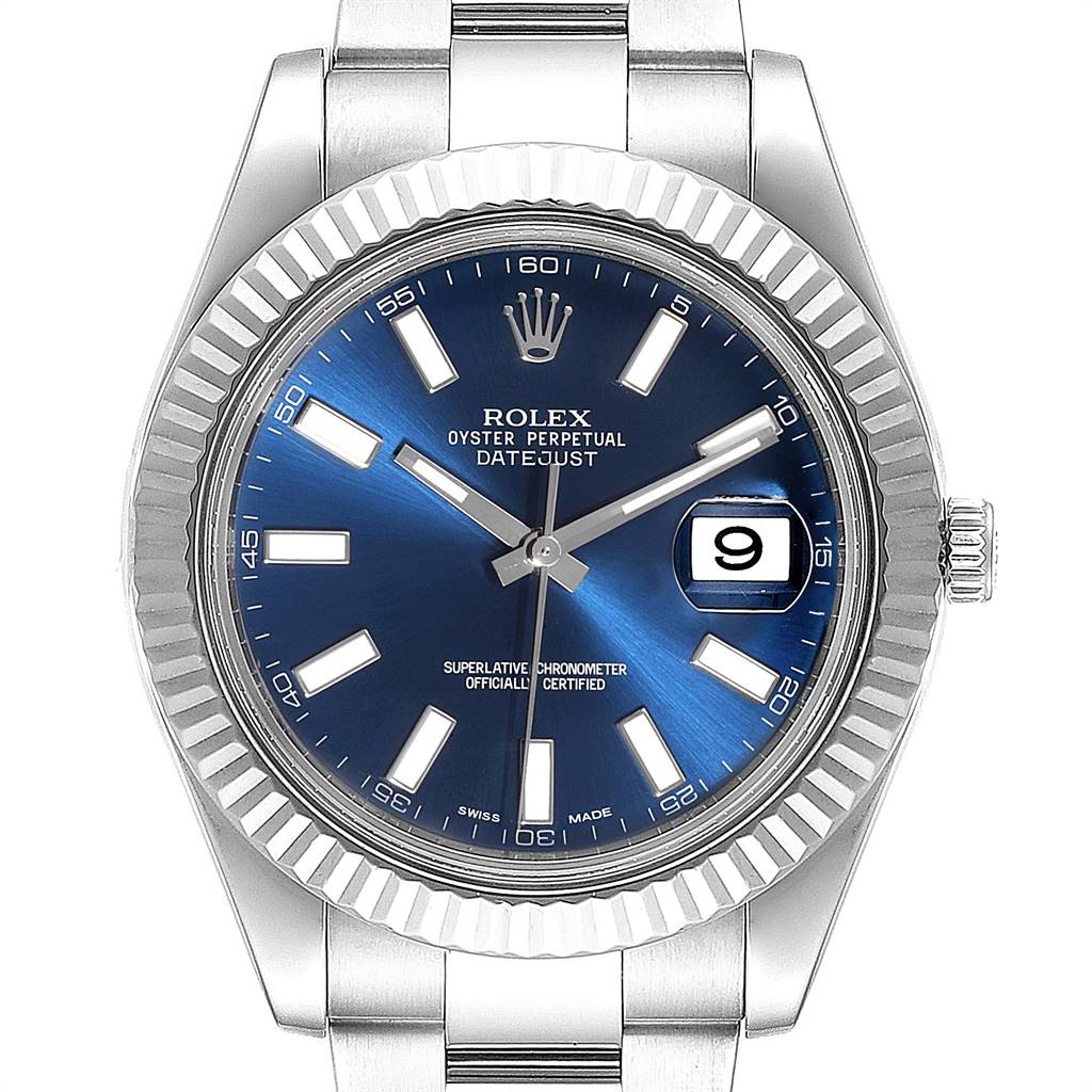 The image shows the front view of a Rolex Datejust 41 116334 Men's Stainless Steel Blue Dial 116334 Men's Stainless Steel Blue Dial watch, highlighting the face, bezel, and part of the bracelet.