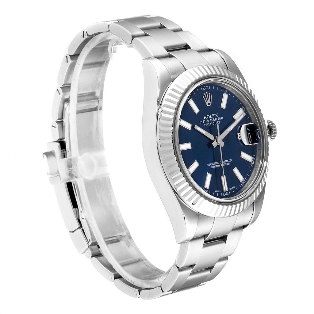 This image shows a Rolex Datejust 41 116334 Men's Stainless Steel Blue Dial 116334 Men's Stainless Steel Blue Dial watch from a left-side angle, featuring the bracelet, case, and blue dial.