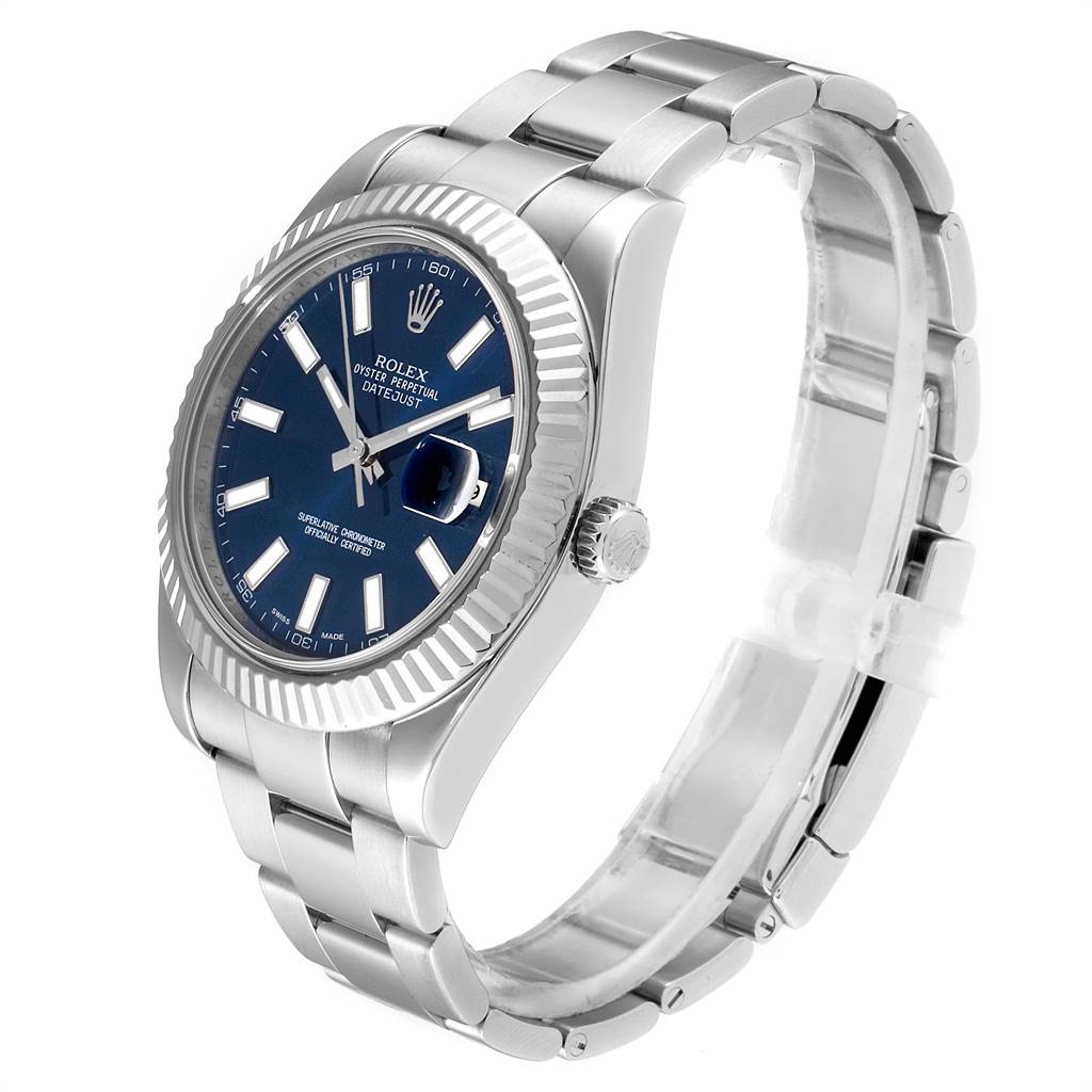 The image shows a Rolex Datejust 41 116334 Men's Stainless Steel Blue Dial 116334 Men's Stainless Steel Blue Dial model watch at a three-quarter angle, displaying the face, bracelet, and crown.
