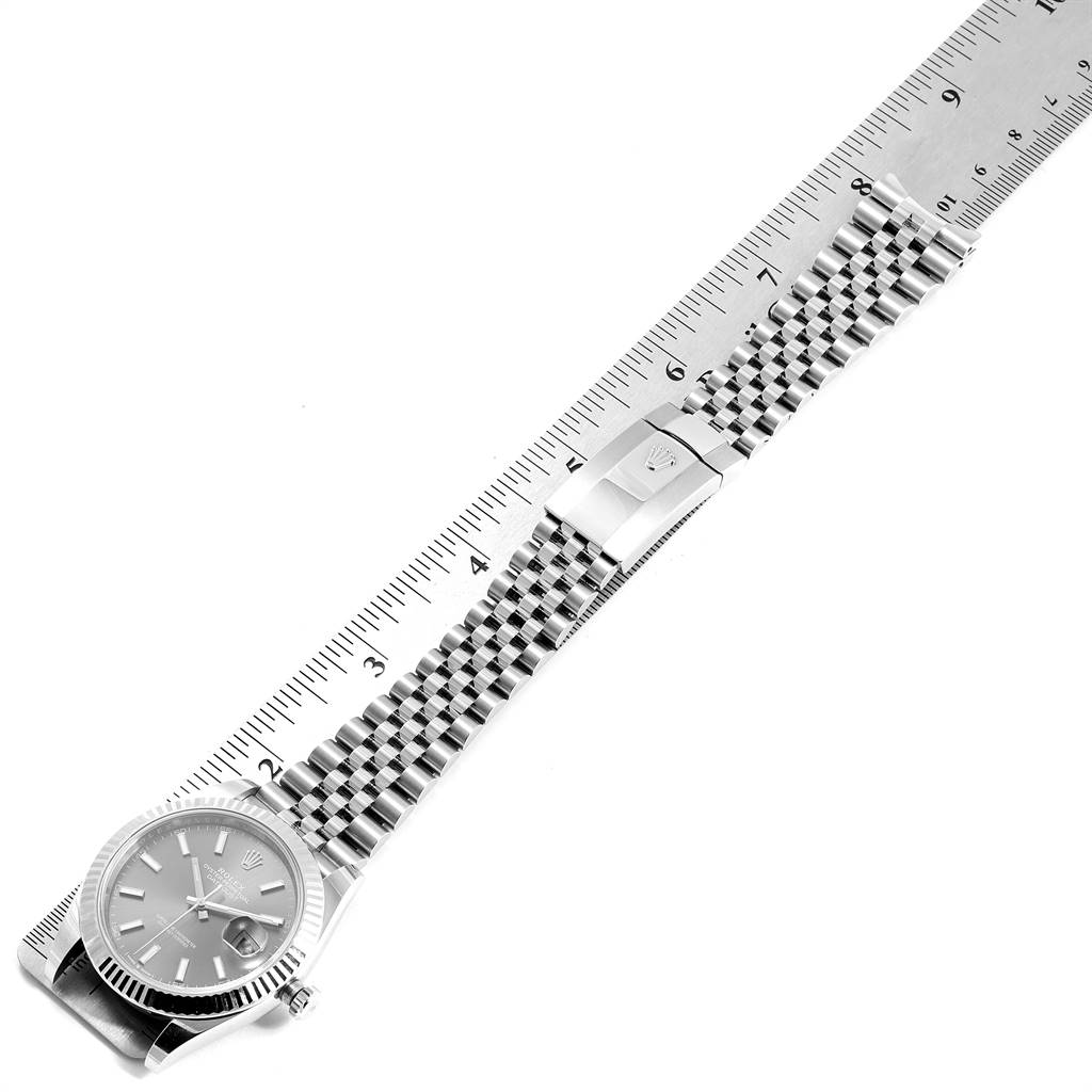 The image shows the face and full bracelet of a Rolex Datejust 41 126344 Men's Stainless Steel Grey Dial 126344 Men's Stainless Steel Grey Dial model, placed next to a ruler for size reference.