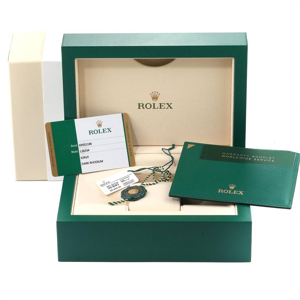 The image shows the packaging, warranty card, booklet, and tag for a Rolex Datejust 41 126344 Men's Stainless Steel Grey Dial 126344 Men's Stainless Steel Grey Dial watch.