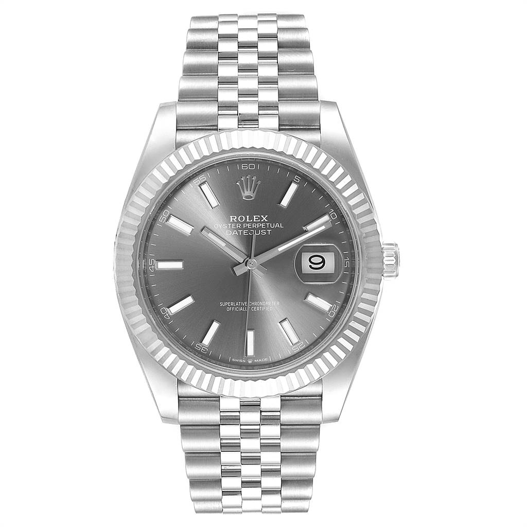 The watch is a Rolex Datejust 41 126344 Men's Stainless Steel Grey Dial 126344 Men's Stainless Steel Grey Dial, shown from the front, highlighting its face, dial, date window, and bracelet.