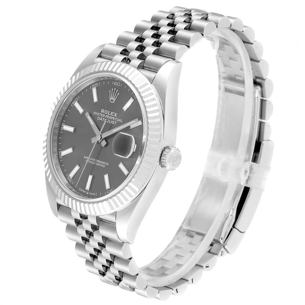 The image shows a Rolex Datejust 41 126344 Men's Stainless Steel Grey Dial 126344 Men's Stainless Steel Grey Dial watch at a front-side angle, highlighting its face, bezel, Jubilee bracelet, and crown.