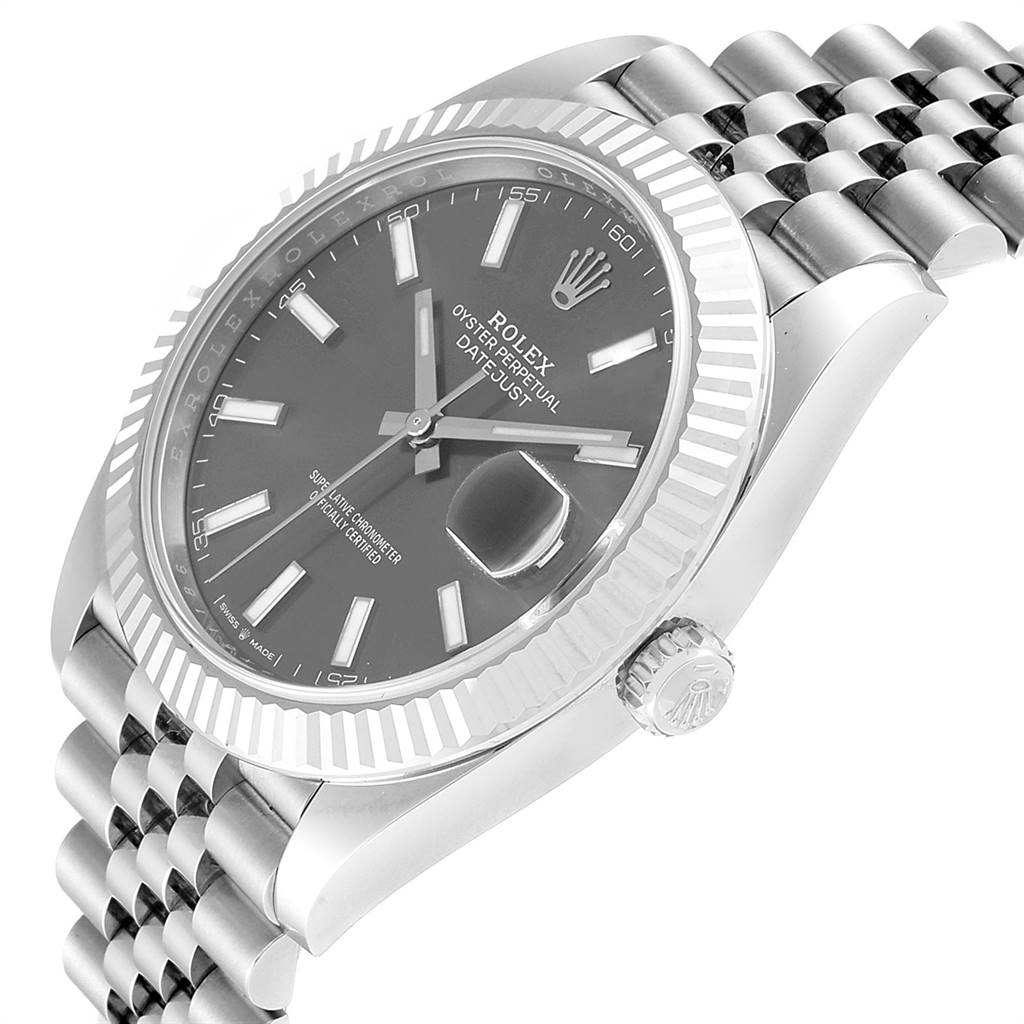 The image shows a side angle of the Rolex Datejust 41 126344 Men's Stainless Steel Grey Dial 126344 Men's Stainless Steel Grey Dial watch, highlighting the crown, bezel, case, and part of the bracelet.