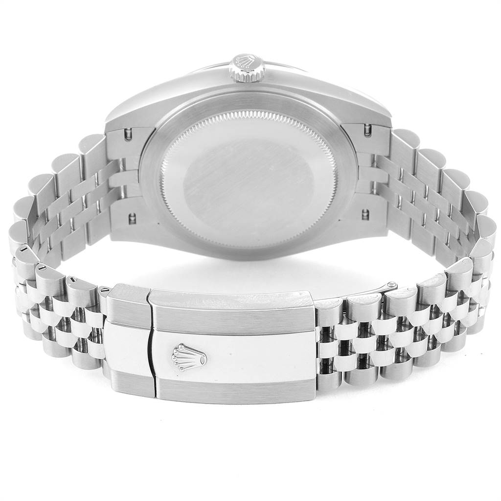 The image shows the back case and clasp of a Rolex Datejust 41 126344 Men's Stainless Steel Grey Dial 126344 Men's Stainless Steel Grey Dial watch, displaying its Jubilee bracelet and Rolex logo on the clasp.
