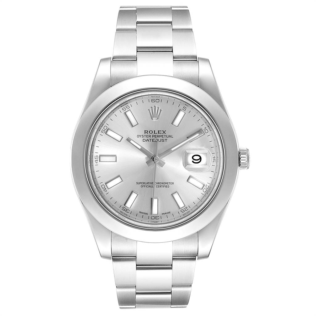 The watch is a Rolex Datejust 41 116300 Men's Stainless Steel Silver Dial 116300 Men's Stainless Steel Silver Dial, shown from a front angle highlighting the dial, bracelet, and bezel.
