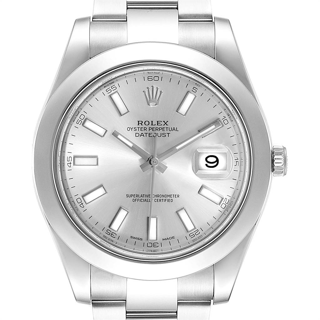 The image shows a front view of the Rolex Datejust 41 116300 Men's Stainless Steel Silver Dial 116300 Men's Stainless Steel Silver Dial watch, highlighting its dial, hands, and bracelet.