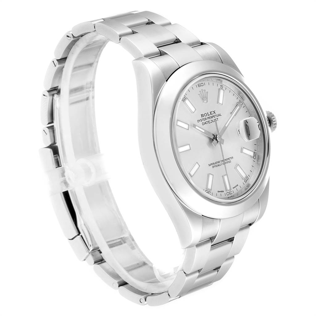 The image shows a side angle of the Rolex Datejust 41 116300 Men's Stainless Steel Silver Dial 116300 Men's Stainless Steel Silver Dial watch, displaying the face, bezel, and bracelet.
