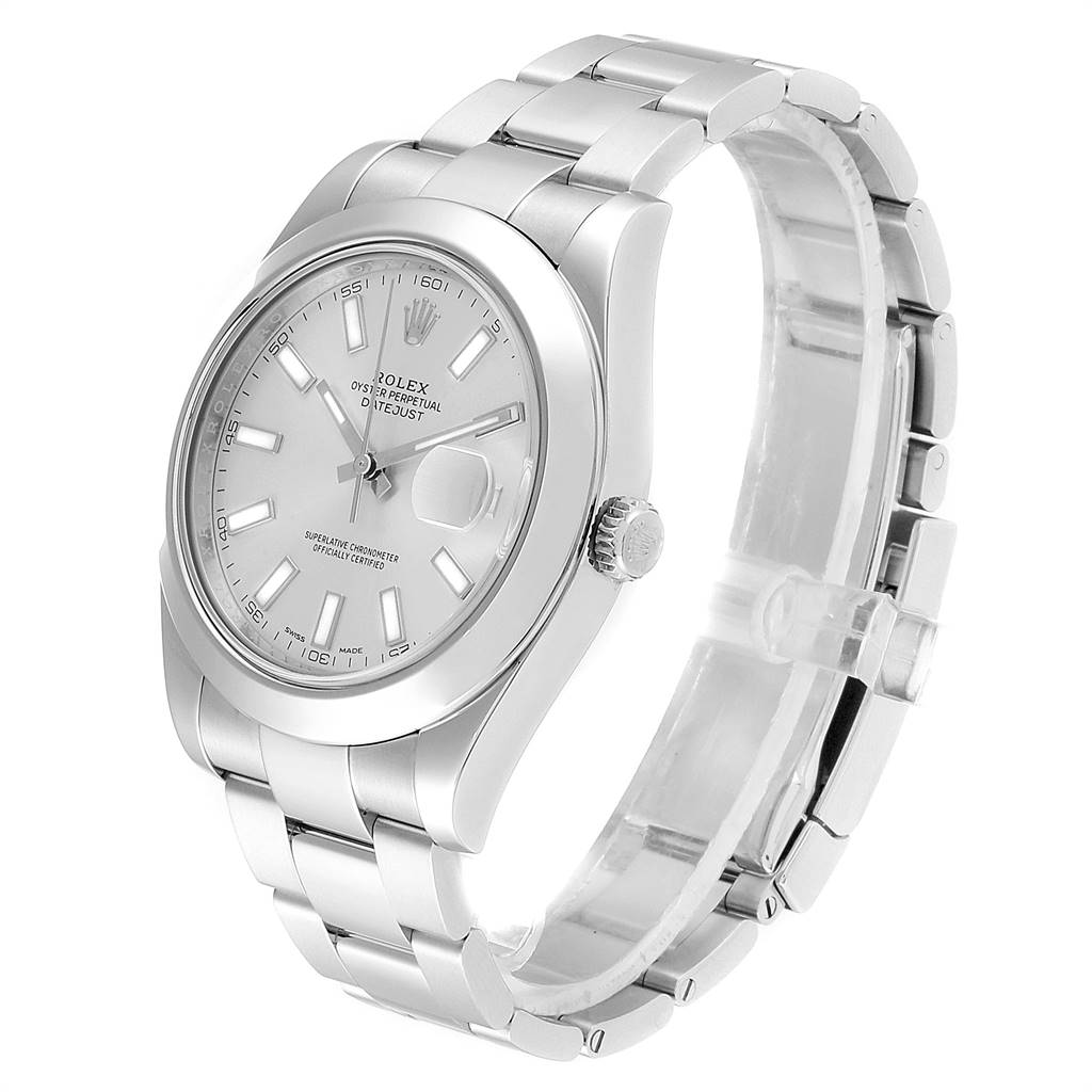 The Rolex Datejust 41 116300 Men's Stainless Steel Silver Dial 116300 Men's Stainless Steel Silver Dial watch is shown at a three-quarter angle, highlighting its bracelet, crown, and dial.