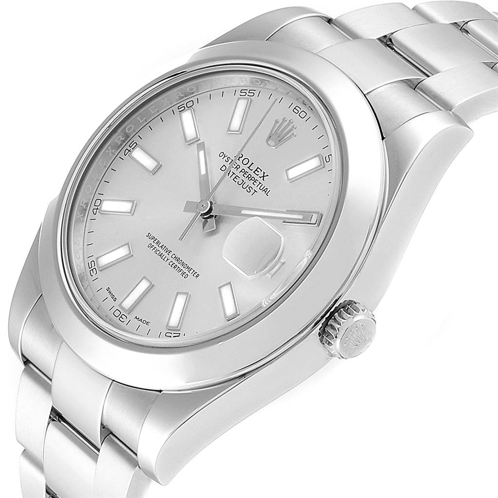 This Rolex Datejust 41 116300 Men's Stainless Steel Silver Dial 116300 Men's Stainless Steel Silver Dial watch is shown from a three-quarter angle, highlighting the dial, bezel, crown, and bracelet.