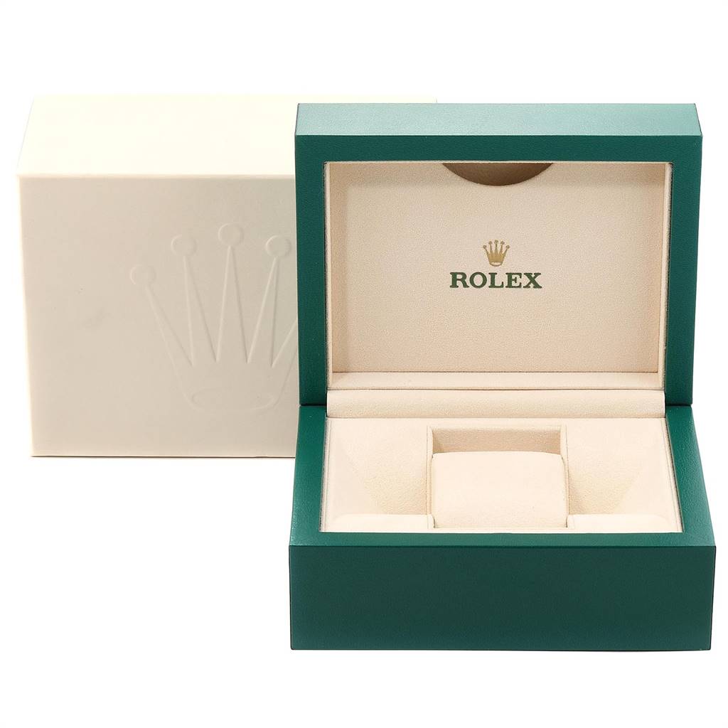 This is an open Rolex Datejust 41 116300 Men's Stainless Steel Silver Dial 116300 Men's Stainless Steel Silver Dial watch box showing its interior cushioning and exterior packaging.